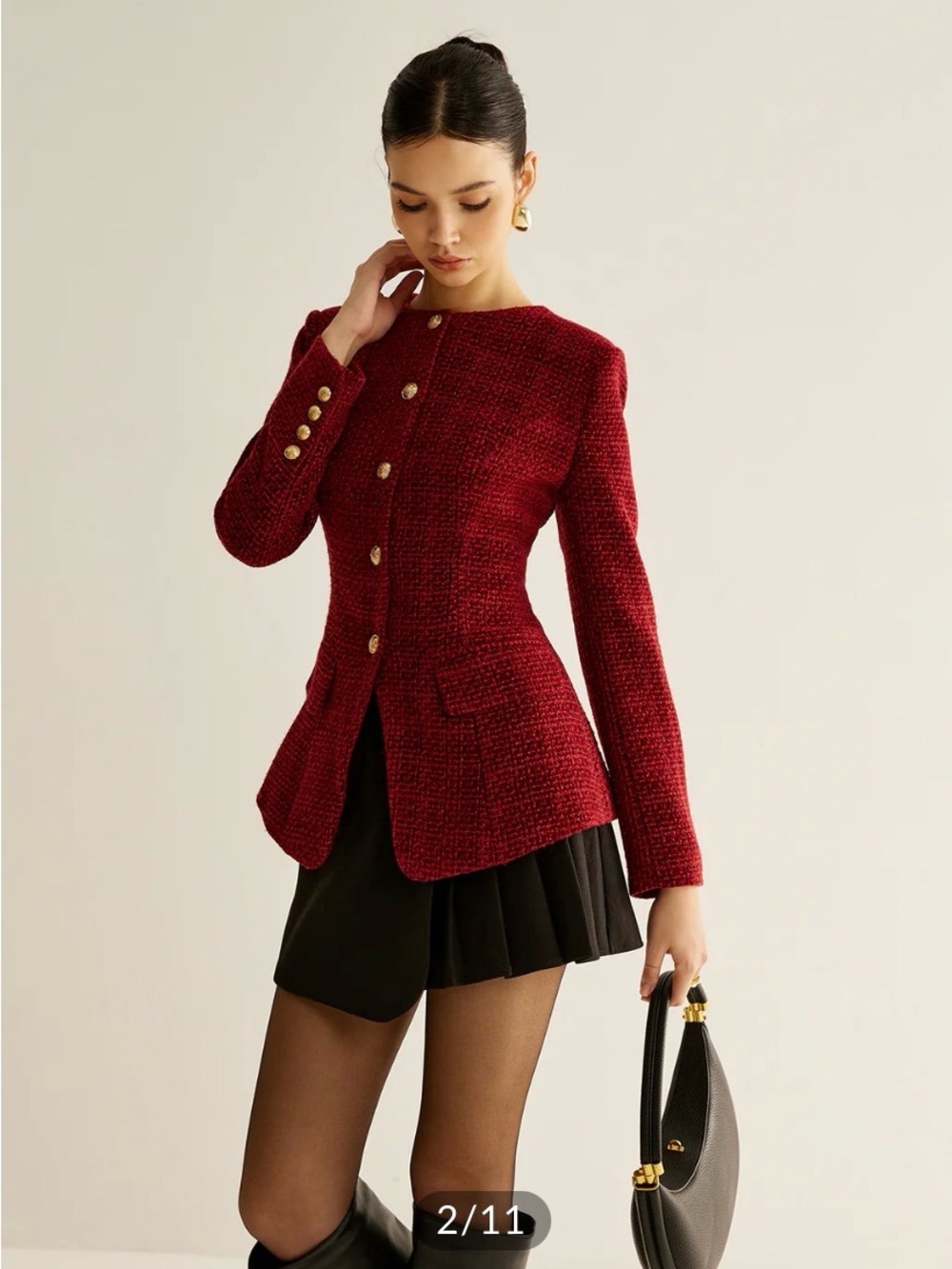 Commense Burgundy Button Down Slit Tweed Blazer - Picture 2 of 11